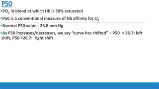 P50
PO2 in blood at which Hb is 50% saturated
P50 is a conventional measure of Hb affinity for O2
Normal P50 value - 26.8 mm Hg
As P50 increases/decreases, we say “curve has shifted” – P50 < 26.7: left
shift, P50 >26.7: right shift
 