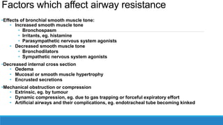 Factors which affect airway resistance
•Effects of bronchial smooth muscle tone:
• Increased smooth muscle tone
• Bronchospasm
• Irritants, eg. histamine
• Parasympathetic nervous system agonists
• Decreased smooth muscle tone
• Bronchodilators
• Sympathetic nervous system agonists
•Decreased internal cross section
• Oedema
• Mucosal or smooth muscle hypertrophy
• Encrusted secretions
•Mechanical obstruction or compression
• Extrinsic, eg. by tumour
• Dynamic compression, eg. due to gas trapping or forceful expiratory effort
• Artificial airways and their complications, eg. endotracheal tube becoming kinked
 