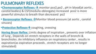 PULMONARY REFLEXES
Chemoreceptor Reflexes  monitor pco2,po2 , pH in blood(at aortic ,
carotid bodies) & CSF(medulla oblongata) Increased pco2 is more
powerful stimulus to breath than decreased po2
 Baroreceptor Reflexes Monitor blood pressure (at aortic , carotid
sinuses)
Protective Reflexes coughing, sneezing
Hering Bruer Reflex: Limits degree of inspiration , prevents over inflation
of lung , Depends on stretch receptors in the walls of bronchi &
bronchioles .An inhibitory influence on respiratory center , results in
expiration(as expiration proceeds , stretch receptors are no longer
stimulated)
 