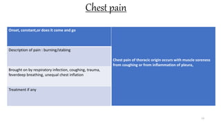 Chest pain
13
Onset, constant,or does it come and go
Chest pain of thoracic origin occurs with muscle soreness
from coughing or from inflammation of pleura,
Description of pain : burning/stabing
Brought on by respiratory infection, coughing, trauma,
feverdeep breathing, unequal chest inflation
Treatment if any
 