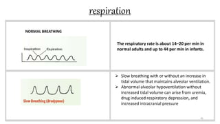respiration
45
NORMAL BREATHING
The respiratory rate is about 14–20 per min in
normal adults and up to 44 per min in infants.
 Slow breathing with or without an increase in
tidal volume that maintains alveolar ventilation.
 Abnormal alveolar hypoventilation without
increased tidal volume can arise from uremia,
drug induced respiratory depression, and
increased intracranial pressure
 