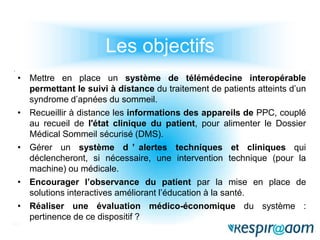 Les objectifsMettre en place un système de télémédecine interopérable permettant le suivi à distance du traitement de patients atteints d’un syndrome d’apnées du sommeil. 