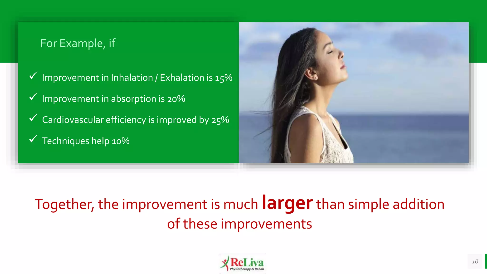 10
✓ Improvement in Inhalation / Exhalation is 15%
✓ Improvement in absorption is 20%
✓ Cardiovascular efficiency is improved by 25%
✓ Techniques help 10%
For Example, if
Together, the improvement is much larger than simple addition
of these improvements
 