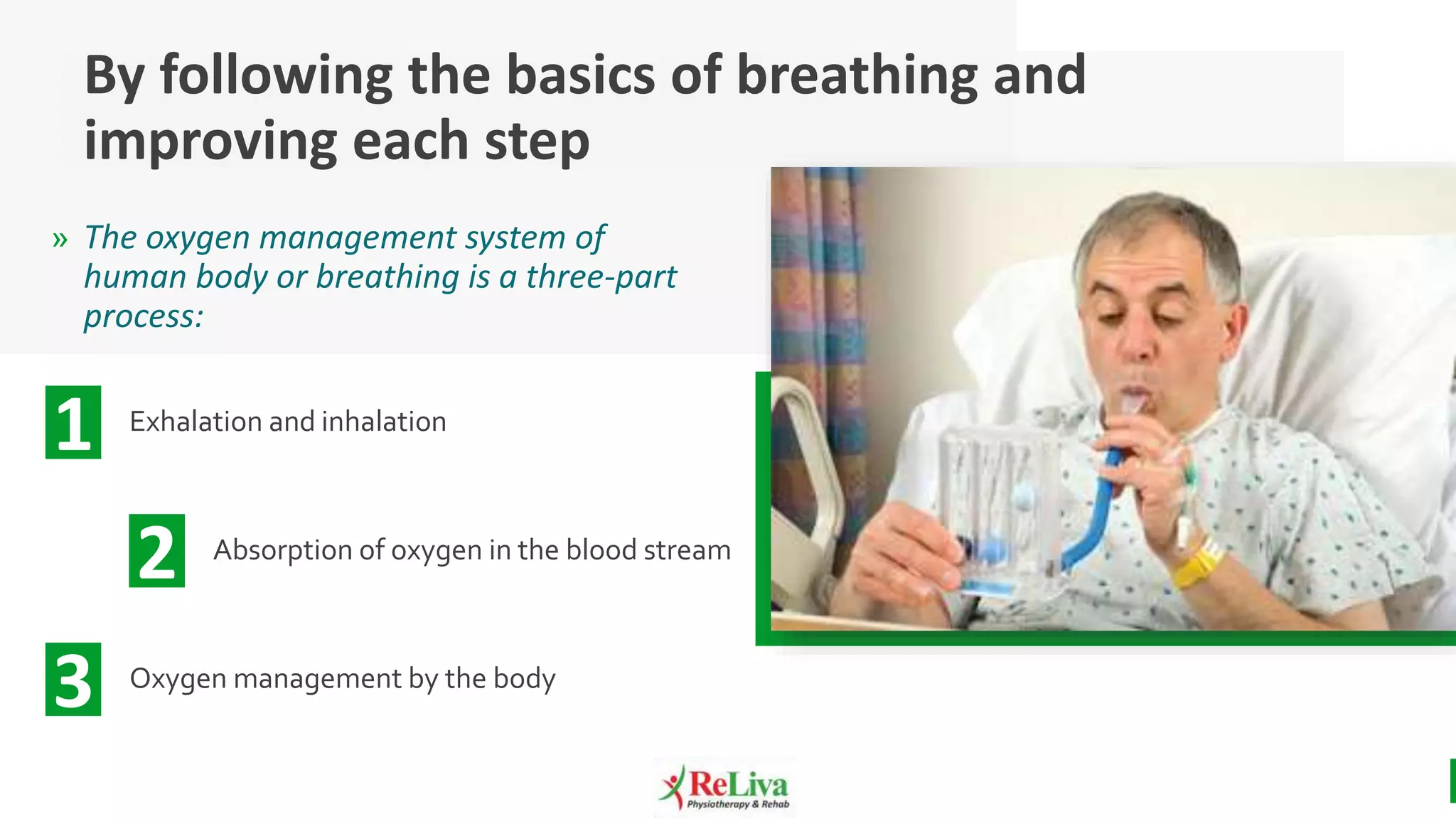 Exhalation and inhalation
1
Absorption of oxygen in the blood stream
2
Oxygen management by the body
3
» The oxygen management system of
human body or breathing is a three-part
process:
By following the basics of breathing and
improving each step
 