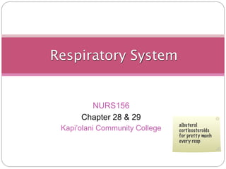 Respiratory System


        NURS156
      Chapter 28 & 29
                                albuterol
 Kapi’olani Community College   corticosteroids
                                for pretty much
                                every resp
 