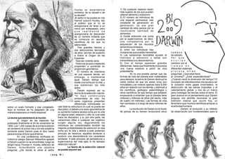 | p a g 19 || p a g 18 |
sobre un suelo húmedo y casi congelado.
Aquí el hombre se ha adaptado de una
manera especial a un medio especial.
La teoría que estremeció al mundo
El origen de las especies fue
publicada finalmente el 24 de noviembre de
1859. Las 1,250 copias de la primera edición
se vendieron el primer día y con ello estalló la
tormenta sobre Darwin pues el libro bastó
para provocar el furor que él temía.
En una conferencia verificada en
Oxford el obispo Samuel Wilberfore aplastó
a Darwin cuando no se encontraba, luego se
dirigió hacia Thomas H. Huxley, defensor de
Darwin, formulándole una cáustica
pregunta: ¿De donde le viene al señor
Huxley su ascendencia
simiesca: de su abuelo o de
su abuela?
¡El señor lo ha puesto en mis
manos! susurró Huxley, dijo
al público que el no se
avergonzaría de tener a un
mono por antepasado, pero
q u e r e a l m e n t e s e
avergonzaría de descender
de un hombre brillante que
se inmiscuía en asuntos
científicos de los que no
sabía nada.
Tres grandes hechos y
dos deducciones derivadas
de ellos, servían de sustento
a Sobre el Origen de las
Especies:
-Todo ser viviente varía.
- Todos los grupos o especies
propenden a aumentar en
proporción geométrica.
El número de miembros
de una especie tiende, sin
embargo, a mantenerse
igual. Darwin dedujo que
existe una lucha por la vida, y
que sobreviven los más
aptos.
Darwin expresó así su
teoría de la selección natural:
" S i b a j o c o n d i c i o n e s
ambientales de vida, los
seres orgánicos presentan
diferencias individuales en
casi toda su estructura (lo cual no puede ser
discutido); si debido a la razón geométrica de
su aumento hubiera severa lucha por la vida
en alguna edad, estación o año (lo cual está
fuera de discusión), y si, por otra parte, las
variaciones útiles a cualquier ser orgánico
surgen alguna vez, seguramente los
individuos así caracterizados tendrán las
mejores probabilidades de sobrevivir en esa
lucha por la vida y debido a este poderoso
principio de herencia, aquéllos tenderán a
producir una descendencia con caracteres
similares. A este principio de persistencia o
supervivencia del más apto lo he llamado
selección natural".
La teoría de la selección natural
se puede resumir así:
1) De cualquier especie nacen
más sujetos de los que pueden
obtener alimento y sobrevivir;
2) El número de individuos de
una especie permanece casi
constante de generación en
generación, ya que gran
cantidad de ellos perece por la
insuficiente cantidad de
alimentos;
3) Existe entonces una lucha
por la supervivencia; es decir,
una competencia por la
adquisición de los recursos
alimenticios limitados;
4) entre los individuos hay
mutaciones que pueden heredarse;
5) Las variaciones favorables ayudan al
individuo a sobrevivir y éstas son
transmitidas a su descendencia;
6) Con el tiempo aparecen grandes
diferencias, hasta que finalmente evoluciona
una nueva especie a partir de otra
preexistente.
Ya no era posible pensar que las
formas de vida del planeta eran inalterables
para siempre; la teoría de Darwin destruyó la
visión bíblica de que los seres vivos son
inmutables y se crearon apenas hace 6,000
años sin relación con los demás, y estimuló a
los científicos, geólogos, paleontólogos y
otros científicos de ese tiempo que estaban
empezando a entender que el planeta tiene
millones y millones de años (de hecho, más
de cuatro mil millones). Las formas de vida
han cambiado a lo largo de esos millones de
años.
La revolución de Darwin en el modo
de pensar de su tiempo revolucionó otros
c a m p o s
de estudio.
V e r q u e
o c u r r e n
cambios con el
t i e m p o e n
diferentes sistemas
p r o v o c a o t r a s
preguntas: ¿Qué edad tiene
el universo? ¿Está expandiéndose?
¿Cuándo nació la dimensión del tiempo? El
concepto de interrelaciones nos ayuda a ver
la conexión entre gases invernadero, la
destrucción de las selvas tropicales y el
calentamiento global, y nos da un marco
para investigar las teorías sobre el tema. El
gran avance en el pensamiento que Darwin
propuso nos permite reconocer la gran
extinción masiva que ocurre hoy, un
fenómeno que muchos científicos achacan a
la actividad humana.
Darwin, la evolución y su método
de observación son fundamentales para la
 
