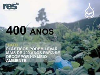 400 ANOS
*FATO
PLÁSTICOS PODEM LEVAR
MAIS DE 400 ANOS PARA SE
DECOMPOR NO MEIO
AMBIENTE.

 