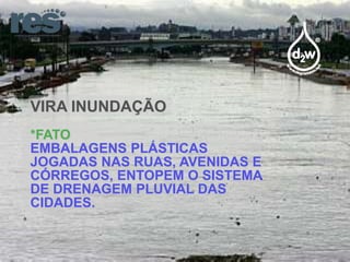 VIRA INUNDAÇÃO
*FATO
EMBALAGENS PLÁSTICAS
JOGADAS NAS RUAS, AVENIDAS E
CÓRREGOS, ENTOPEM O SISTEMA
DE DRENAGEM PLUVIAL DAS
CIDADES.

 