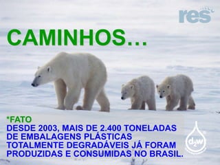 CAMINHOS…

*FATO
DESDE 2003, MAIS DE 2.400 TONELADAS
DE EMBALAGENS PLÁSTICAS
TOTALMENTE DEGRADÁVEIS JÁ FORAM
PRODUZIDAS E CONSUMIDAS NO BRASIL.

 