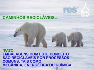 CAMINHOS RECICLÁVEIS…

*FATO
EMBALAGENS COM ESTE CONCEITO
SÃO RECICLÁVEIS POR PROCESSOS
COMUNS, TAIS COMO:
MECÂNICA, ENERGÉTICA OU QUÍMICA.

 