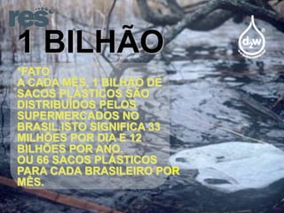 1 BILHÃO
*FATO
A CADA MÊS, 1 BILHÃO DE
SACOS PLÁSTICOS SÃO
DISTRIBUÍDOS PELOS
SUPERMERCADOS NO
BRASIL.ISTO SIGNIFICA 33
MILHÕES POR DIA E 12
BILHÕES POR ANO.
OU 66 SACOS PLÁSTICOS
PARA CADA BRASILEIRO POR
MÊS.

 