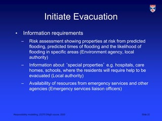 Responsibility modelling, LSCITS ENgD course, 2010 Slide 22
Initiate Evacuation
• Information requirements
– Risk assessment showing properties at risk from predicted
flooding, predicted times of flooding and the likelihood of
flooding in specific areas (Environment agency, local
authority)
– Information about ‘special properties’ e.g. hospitals, care
homes, schools, where the residents will require help to be
evacuated (Local authority)
– Availability of resources from emergency services and other
agencies (Emergency services liaison officers)
 