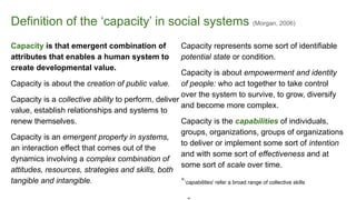 Definition of the ‘capacity’ in social systems (Morgan, 2006)
Capacity is that emergent combination of
attributes that enables a human system to
create developmental value.
Capacity is about the creation of public value.
Capacity is a collective ability to perform, deliver
value, establish relationships and systems to
renew themselves.
Capacity is an emergent property in systems,
an interaction effect that comes out of the
dynamics involving a complex combination of
attitudes, resources, strategies and skills, both
tangible and intangible.
Capacity represents some sort of identifiable
potential state or condition.
Capacity is about empowerment and identity
of people: who act together to take control
over the system to survive, to grow, diversify
and become more complex.
Capacity is the capabilities of individuals,
groups, organizations, groups of organizations
to deliver or implement some sort of intention
and with some sort of effectiveness and at
some sort of scale over time.
*‘capabilities’ refer a broad range of collective skills
 