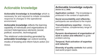 Actionable knowledge
Actionable knowledge is knowledge which is
necessary for and required to initiate immediate
response to changes in the operational
environment.
Actionable knowledge reflects the learning
capability of individuals and organizations to
connect heterogeneous elements (social,
political, economic, technological).
The relational understanding generated by
actionable knowledge can extend existing
modes of knowing and inform future action (IGI
Global).
Actionable knowledge outputs
(Sexton & Lu, 2009)
Application context - The knowledge is
produced in the context of application.
Social accountability and reflexivity -
participants are sensitized to the impact
Transdisciplinary expertise - drawing
upon a diverse, complementary range of
expertise.
Dynamic development of organization of
work in action and reflection to guide
problem-solving.
Temporal, fluid activation of expertise
and networks
Diversity of quality controls that satisfy
real-world project needs.
 