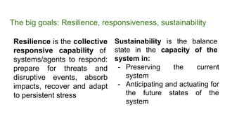 The big goals: Resilience, responsiveness, sustainability
Resilience is the collective
responsive capability of
systems/agents to respond:
prepare for threats and
disruptive events, absorb
impacts, recover and adapt
to persistent stress
Sustainability is the balance
state in the capacity of the
system in:
- Preserving the current
system
- Anticipating and actuating for
the future states of the
system
 