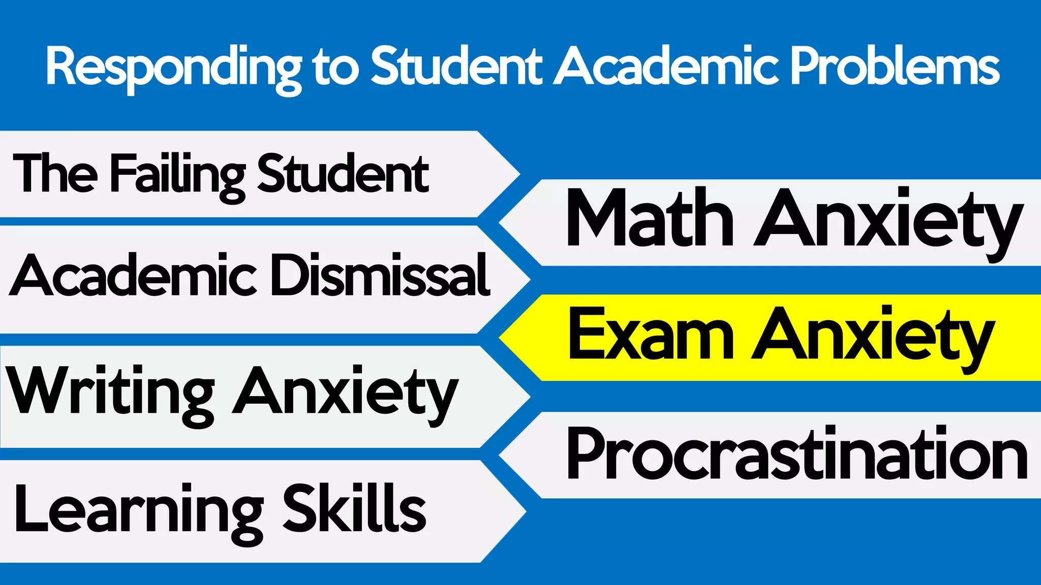 Responding to Student Academic Problems
The Failing Student
Academic Dismissal
Writing Anxiety
Learning Skills
Math Anxiety
Exam Anxiety
Procrastination
 