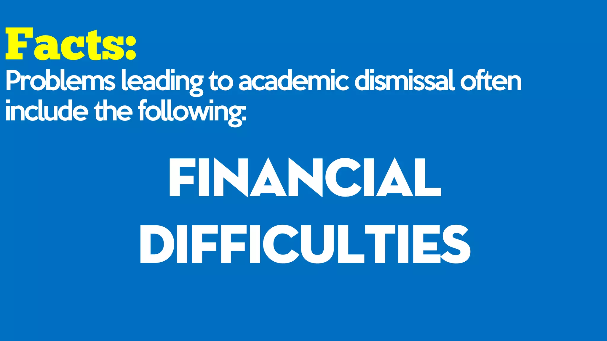 Problems leading to academic dismissal often
include the following:
financial
difficulties
 