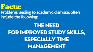 Problems leading to academic dismissal often
include the following:
theneed
forimprovedstudyskills,
especiallytime
management
 