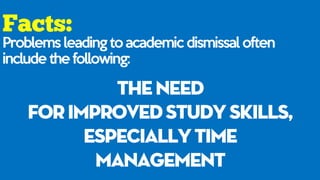 Problems leading to academic dismissal often
include the following:
theneed
forimprovedstudyskills,
especiallytime
managem...