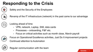 1
Responding to the Crisis
Safety and the Security of the Employees
Revamp of the IT infrastructure (network) in the past came to our advantage
Looking ahead of time
- VPN, network, Laptop, SIM, data cards
- Processes – onboarding, F&F etc.
- Focus on critical activities such as month close, March payroll
Focus on Operational Excellence activities, Just Do It improvement projects
Continued attention to Automation
Regular communication with the team
 