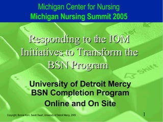 Responding to the IOM Initiatives to Transform the BSN Program  University of Detroit Mercy BSN Completion Program Online and On Site Michigan Center for Nursing Michigan Nursing Summit 2005 