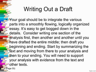 Writing Out a Draft
• Your goal should be to integrate the various
  parts into a smoothly flowing, logically organized
  essay. It’s easy to get bogged down in the
  details. Consider writing one section of the
  analysis first, then another and another until you
  have drafted the entire middle; then draft you
  beginning and ending. Start by summarizing the
  text and moving from there to your analysis and
  then to your ending. You will need to support
  your analysis with evidence from the text and
  other texts.
(Page 55)
 