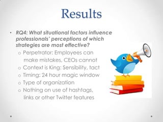 ResultsRQ1: What type of crises did the organizations experience due their actions on Twitter?Accidental caused by improper use of technology and insufficient social media trainingNew cluster: Inevitable