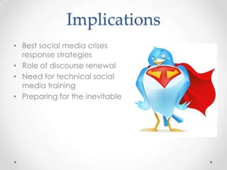 ResultsRQ2: What type of crisis response strategies do crisis communications professionals believe the organizations employed via Twitter?Apology used most often in combination with other approachesFull apology, discourse renewalApology from spokesperson, bolstering (ingratiation) and discourse renewalApology and denial (scapegoat)Apology and diminishment(excuse)