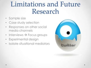 ResultsRQ3: Which organization’s crisis response strategies are perceived to be most effective on Twitter by crisis communications professionals?Acknowledged, apologized, moved forwardCharacteristics of discourse renewal!Mislead, denied, contradicted, condescended, lost opportunityNew response strategy: HumorLOL