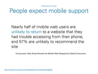 People expect mobile support
Nearly half of mobile web users are
unlikely to return to a website that they
had trouble accessing from their phone,
and 57% are unlikely to recommend the
site
Compuware, New Study Reveals the Mobile Web Disappoints Global Consumers
http://investor.compuware.com/releasedetail.cfm?ReleaseID=592528
Fast forward to today
 