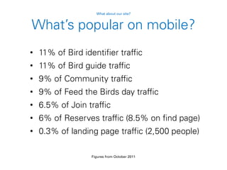What’s popular on mobile?
• 11% of Bird identifier traffic
• 11% of Bird guide traffic
• 9% of Community traffic
• 9% of Feed the Birds day traffic
• 6.5% of Join traffic
• 6% of Reserves traffic (8.5% on find page)
• 0.3% of landing page traffic (2,500 people)
What about our site?
Figures from October 2011
 