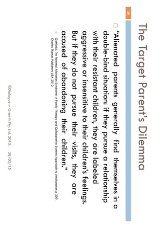 The Target Parent’s Dilemma
28/02/15©Dialogue In Growth Pty. Ltd. 2015.
29
 “Alienated parents generally find
themselves in a double-bind situation: if they
pursue a relationship with their resistant
children, they are labeled aggressive or
insensitive to their children’s feelings. But if
they do not pursue their visits, they are
accused of abandoning their children.”
 Gottlieb.L The Parental Alienation Syndrome: A Family Therapy and Collaborative Systems Approach to Amelioration
p 209. Charles Thomas Publishers USA 2012
 