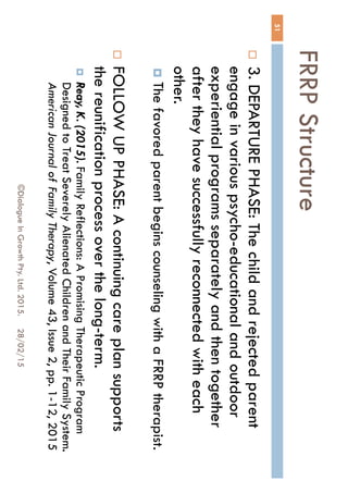 FRRP Structure
28/02/15©Dialogue In Growth Pty. Ltd. 2015.
51
 3. DEPARTURE PHASE: The child and rejected
parent engage in various psycho-educational and
outdoor experiential programs separately and
then together after they have successfully
reconnected with each other.
 The favored parent begins counseling with a FRRP
therapist.
 FOLLOW UP PHASE: A continuing care plan
supports the reunification process over the long-
term.
 Reay, K. (2015). Family Reflections: A Promising Therapeutic
Program Designed to Treat Severely Alienated Children and
Their Family System. American Journal of Family Therapy,
 