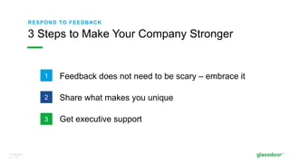 © Glassdoor,
Inc. 2017.
RESPOND TO FEEDBACK
Feedback does not need to be scary – embrace it
Share what makes you unique
Get executive support
3 Steps to Make Your Company Stronger
1
2
3
 