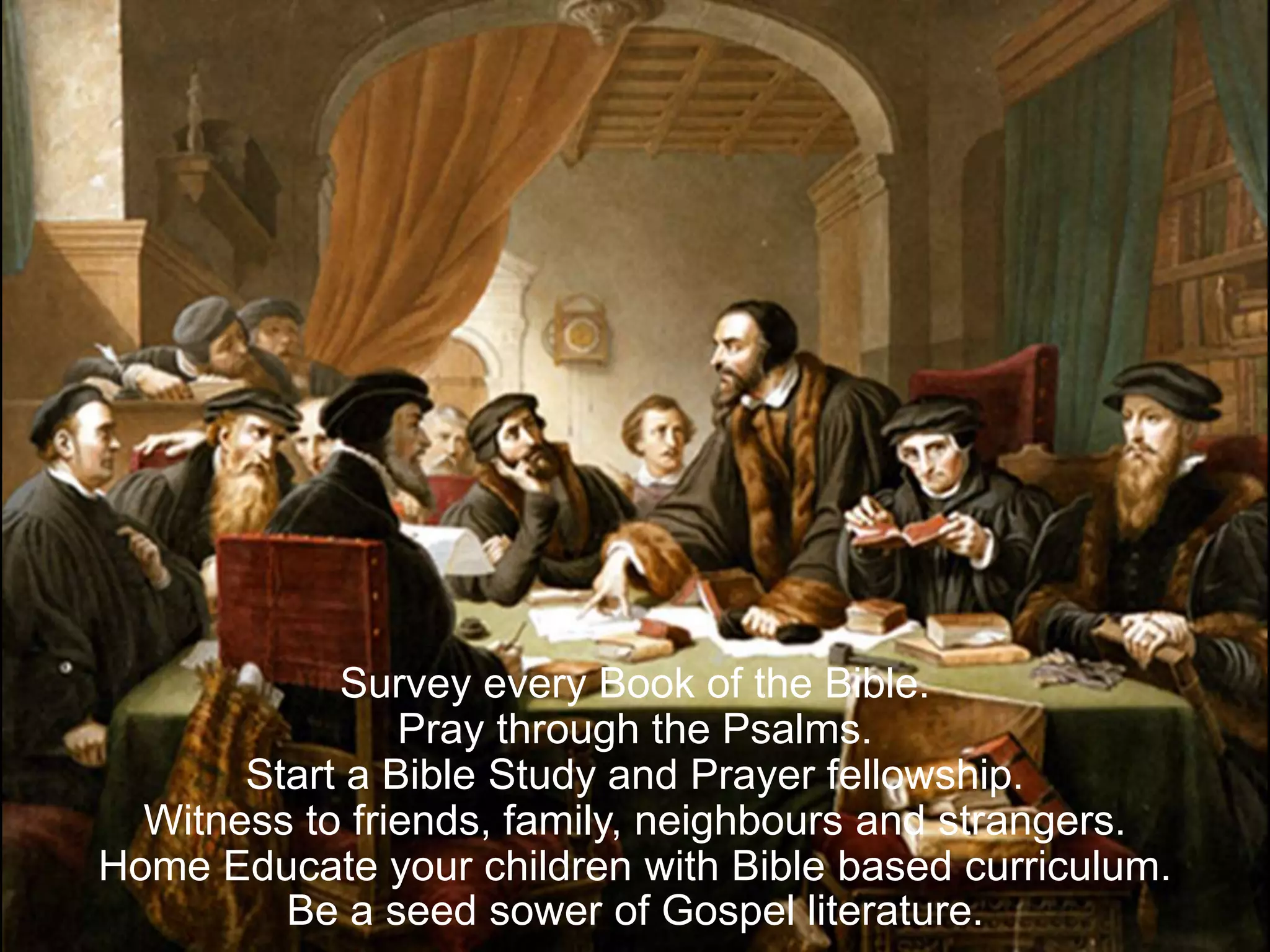 Survey every Book of the Bible.
Pray through the Psalms.
Start a Bible Study and Prayer fellowship.
Witness to friends, family, neighbours and strangers.
Home Educate your children with Bible based curriculum.
Be a seed sower of Gospel literature.
 