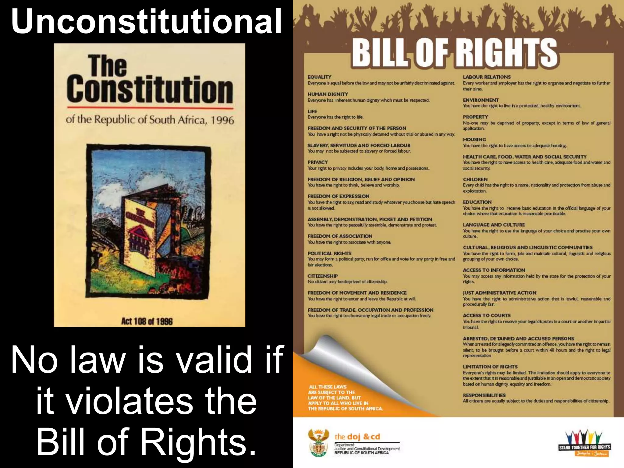 Unconstitutional
No law is valid if
it violates the
Bill of Rights.
 