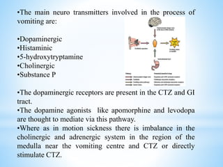 •The main neuro transmitters involved in the process of
vomiting are:
•Dopaminergic
•Histaminic
•5-hydroxytryptamine
•Chol...