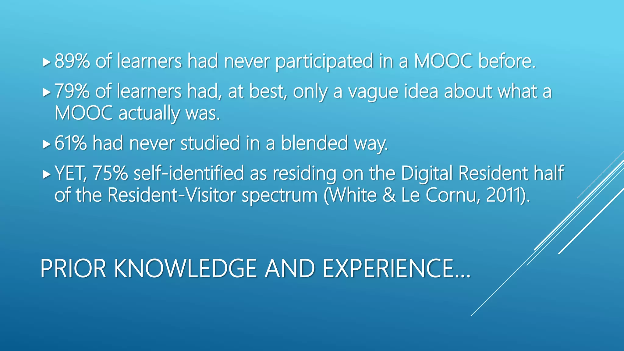 PRIOR KNOWLEDGE AND EXPERIENCE…
89% of learners had never participated in a MOOC before.
79% of learners had, at best, only a vague idea about what a
MOOC actually was.
61% had never studied in a blended way.
YET, 75% self-identified as residing on the Digital Resident half
of the Resident-Visitor spectrum (White & Le Cornu, 2011).
 