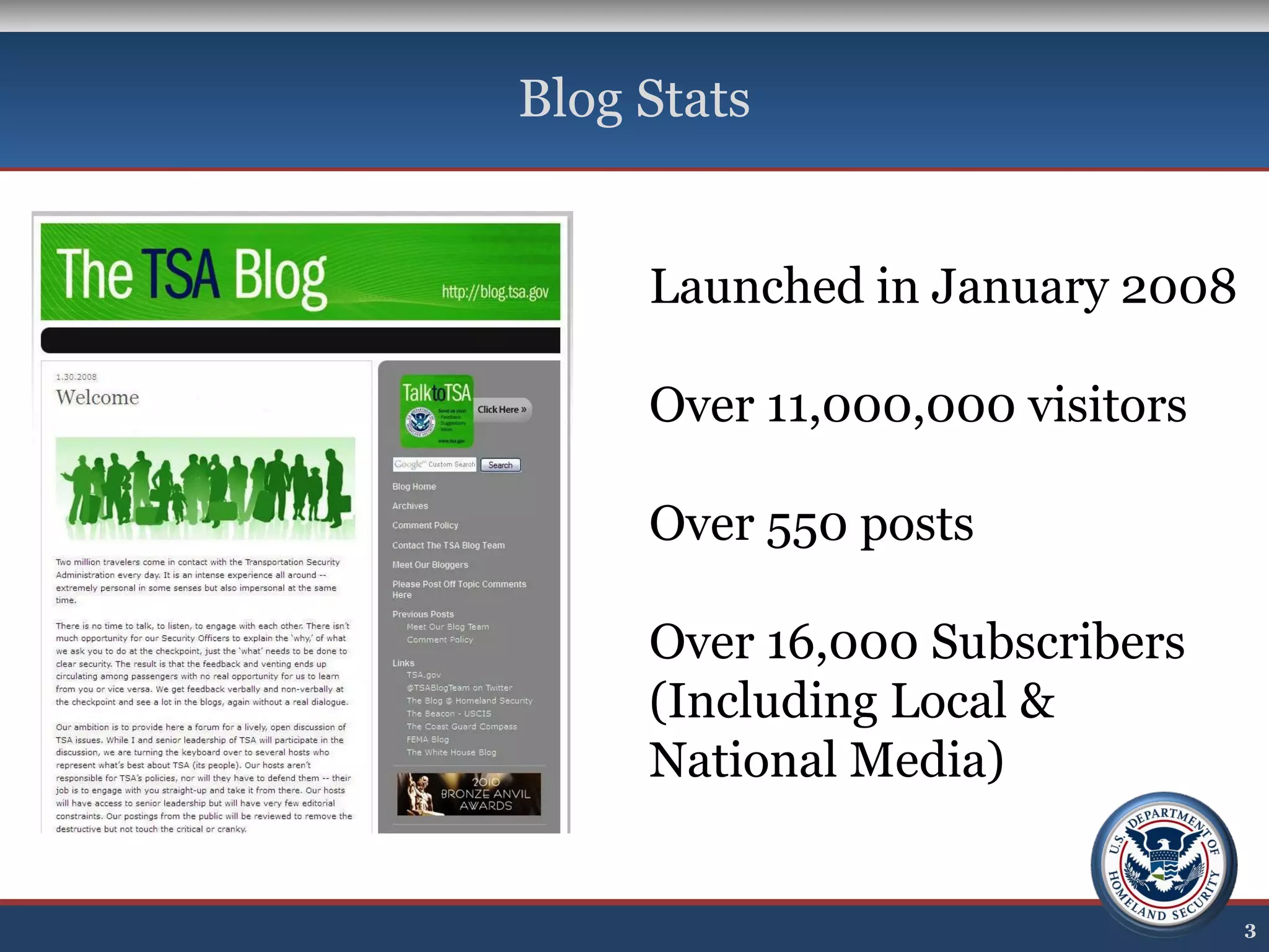 Blog Stats
3
Launched in January 2008
Over 11,000,000 visitors
Over 550 posts
Over 16,000 Subscribers
(Including Local &
National Media)