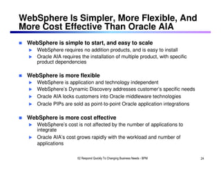 WebSphere Is Simpler, More Flexible, And
More Cost Effective Than Oracle AIA
 WebSphere is simple to start, and easy to scale
    WebSphere requires no addition products, and is easy to install
    Oracle AIA requires the installation of multiple product, with specific
    product dependencies

 WebSphere is more flexible
    WebSphere is application and technology independent
    WebSphere’s Dynamic Discovery addresses customer’s specific needs
    Oracle AIA locks customers into Oracle middleware technologies
    Oracle PIPs are sold as point-to-point Oracle application integrations

 WebSphere is more cost effective
    WebSphere’s cost is not affected by the number of applications to
    integrate
    Oracle AIA’s cost grows rapidly with the workload and number of
    applications

                       02 Respond Quickly To Changing Business Needs - BPM    24
 