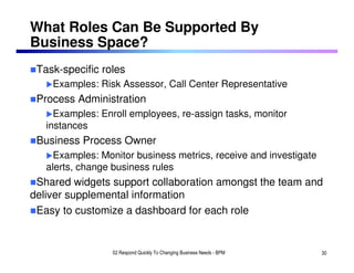 What Roles Can Be Supported By
Business Space?
 Task-specific roles
    Examples: Risk Assessor, Call Center Representative
 Process Administration
     Examples: Enroll employees, re-assign tasks, monitor
   instances
 Business Process Owner
     Examples: Monitor business metrics, receive and investigate
   alerts, change business rules
 Shared widgets support collaboration amongst the team and
deliver supplemental information
 Easy to customize a dashboard for each role


                  02 Respond Quickly To Changing Business Needs - BPM   30
 