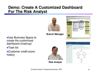 Demo: Create A Customized Dashboard
 For The Risk Analyst




                                          Branch Manager
 Use Business Space to
create the customized
dashboard (mashup)
 Task list
 Customer credit score
history

                                              Risk Analyst


                 02 Respond Quickly To Changing Business Needs - BPM   32
 
