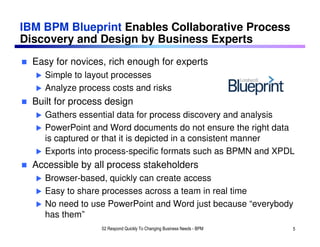 IBM BPM Blueprint Enables Collaborative Process
Discovery and Design by Business Experts
  Easy for novices, rich enough for experts
     Simple to layout processes
     Analyze process costs and risks
  Built for process design
     Gathers essential data for process discovery and analysis
     PowerPoint and Word documents do not ensure the right data
     is captured or that it is depicted in a consistent manner
     Exports into process-specific formats such as BPMN and XPDL
  Accessible by all process stakeholders
     Browser-based, quickly can create access
     Easy to share processes across a team in real time
     No need to use PowerPoint and Word just because “everybody
     has them”
                  02 Respond Quickly To Changing Business Needs - BPM   5
 