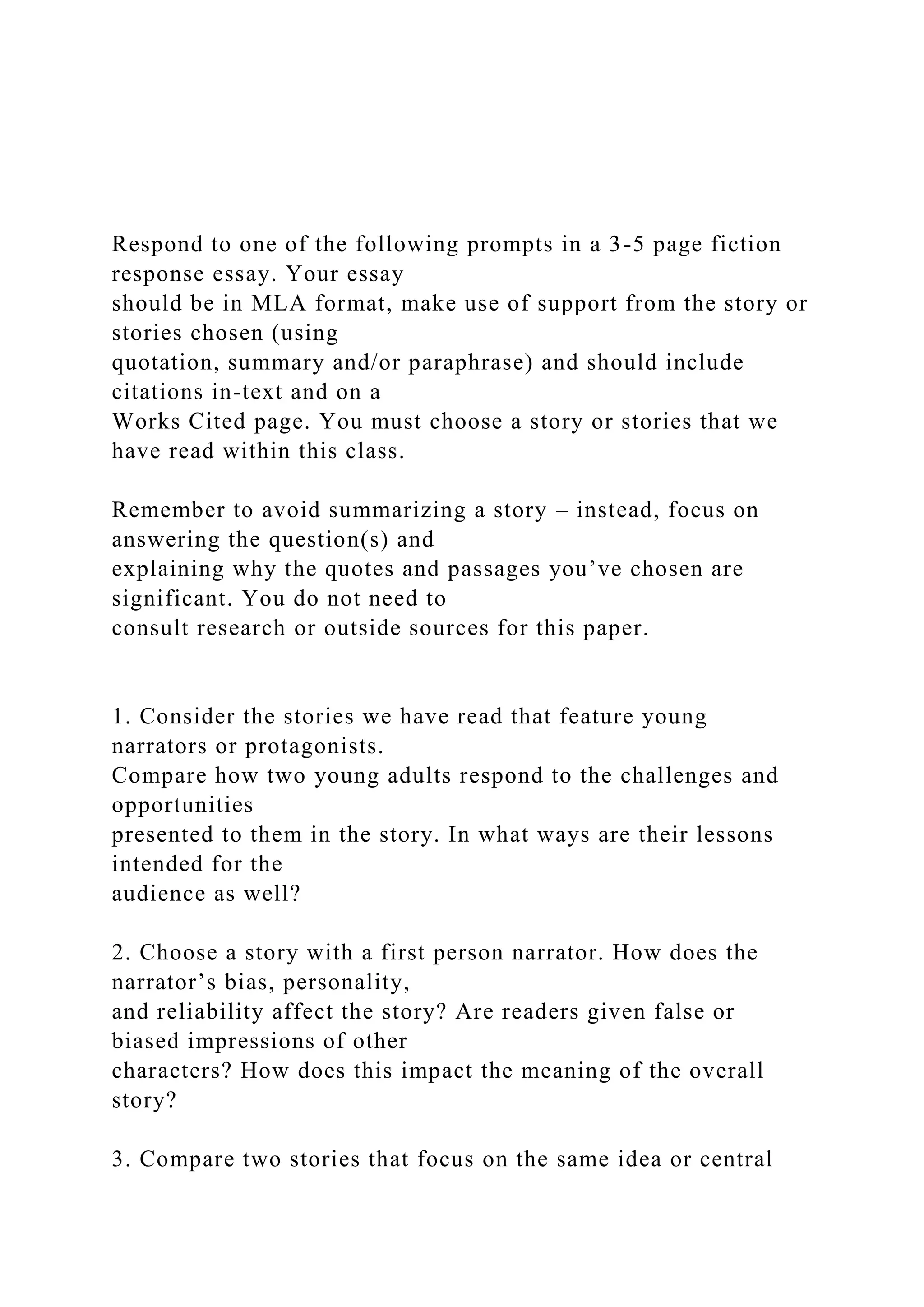 Respond to one of the following prompts in a 3-5 page fiction .docx