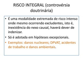 RISCO INTEGRAL (controvérsia
doutrinária)
• É uma modalidade extremada de risco intenso
onde mesmo ocorrendo excludentes, isto é,
inexistência do nexo causal, haverá dever de
indenizar.
• Só é adotada em hipóteses excepcionais.
• Exemplos: danos nucleares; DPVAT, acidentes
de trabalho e danos ambientais.
 