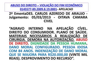 ABUSO DO DIREITO – VIOLAÇÃO DO FIM ECONÔMICO
0145577-89.2009.8.19.0001- APELACAO
2ª EmentaDES. CARLOS AZEREDO DE ARAUJO -
Julgamento: 05/03/2013 - OITAVA CAMARA
CIVEL
“AGRAVO INTERNO NA APELAÇÃO CÍVEL.
DIREITO DO CONSUMIDOR. PLANO DE SAÚDE.
MATERIAIS NECESSÁRIOS À REALIZAÇÃO DE
CIRURGIA. DEMORA NA AUTORIZAÇÃO. ABUSO
DE DIREITO. DIGNIDADE DA PESSOA HUMANA.
DANO MORAL CONFIGURADO. PESSOA IDOSA
COM 84 ANOS. INDENIZAÇÃO DE DANO MORAL
QUE SE MAJORA PARA R$20.000,00 (VINTE MIL
REAIS). DESPROVIMENTO DO RECURSO”.
 