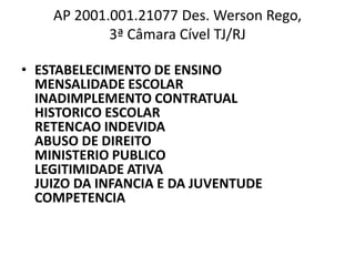 AP 2001.001.21077 Des. Werson Rego,
3ª Câmara Cível TJ/RJ
• ESTABELECIMENTO DE ENSINO
MENSALIDADE ESCOLAR
INADIMPLEMENTO CONTRATUAL
HISTORICO ESCOLAR
RETENCAO INDEVIDA
ABUSO DE DIREITO
MINISTERIO PUBLICO
LEGITIMIDADE ATIVA
JUIZO DA INFANCIA E DA JUVENTUDE
COMPETENCIA
 