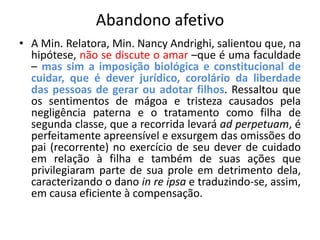 Abandono afetivo
• A Min. Relatora, Min. Nancy Andrighi, salientou que, na
hipótese, não se discute o amar –que é uma faculdade
– mas sim a imposição biológica e constitucional de
cuidar, que é dever jurídico, corolário da liberdade
das pessoas de gerar ou adotar filhos. Ressaltou que
os sentimentos de mágoa e tristeza causados pela
negligência paterna e o tratamento como filha de
segunda classe, que a recorrida levará ad perpetuam, é
perfeitamente apreensível e exsurgem das omissões do
pai (recorrente) no exercício de seu dever de cuidado
em relação à filha e também de suas ações que
privilegiaram parte de sua prole em detrimento dela,
caracterizando o dano in re ipsa e traduzindo-se, assim,
em causa eficiente à compensação.
 