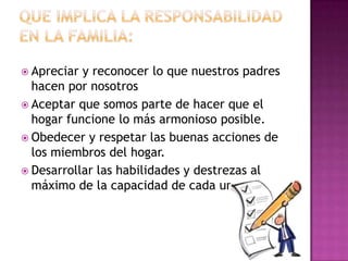Que implica la responsabilidad en la familia:Apreciar y reconocer lo que nuestros padres hacen por nosotrosAceptar que somos parte de hacer que el hogar funcione lo más armonioso posible.Obedecer y respetar las buenas acciones de los miembros del hogar.Desarrollar las habilidades y destrezas al máximo de la capacidad de cada uno.