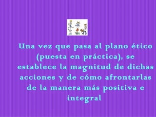 Una vez que pasa al plano ético (puesta en práctica), se establece la magnitud de dichas acciones y de cómo afrontarlas de la manera más positiva e integral   